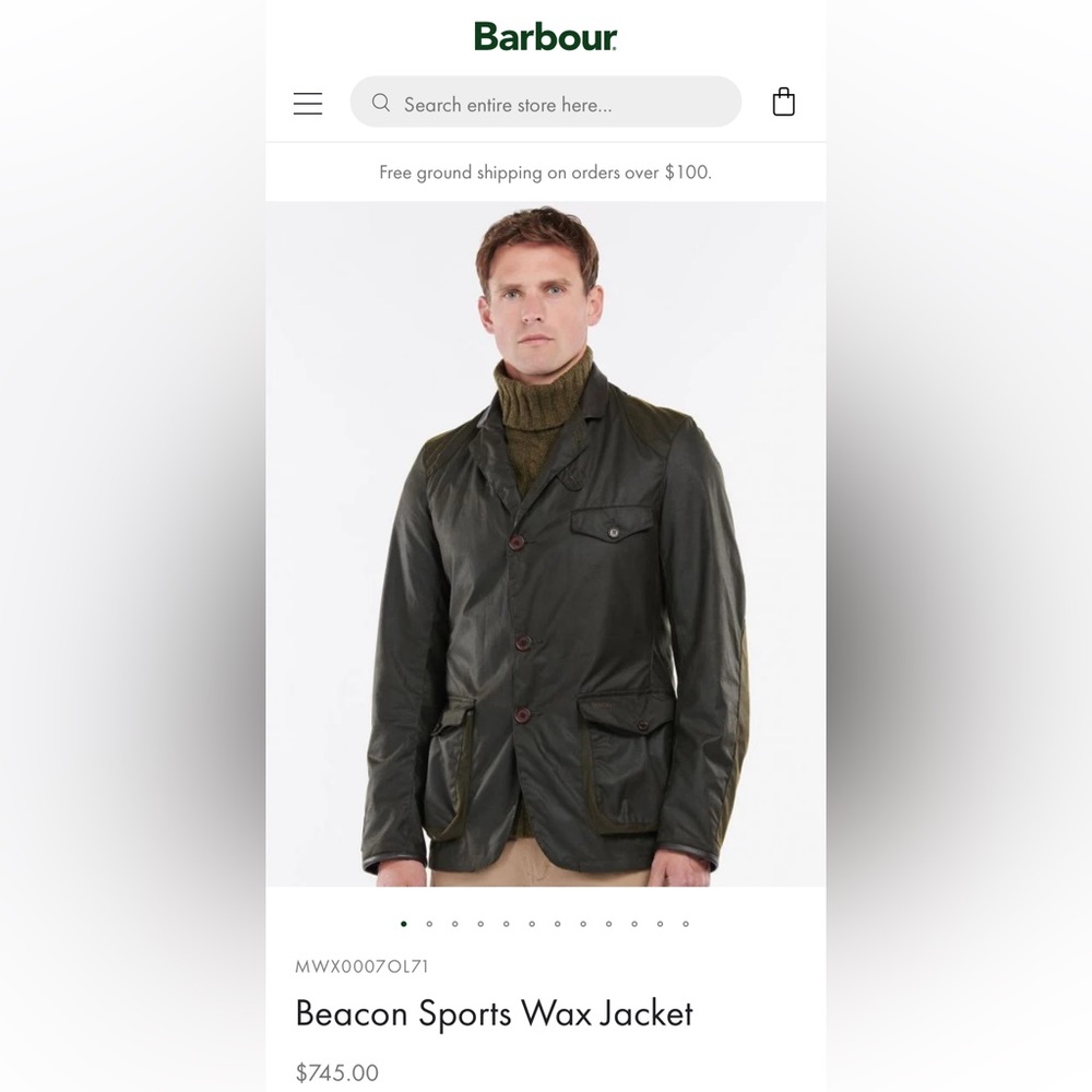BARBOUR Beacon Sports Wax Jacket - Olive- Size Large- James Bond Skyfall movie